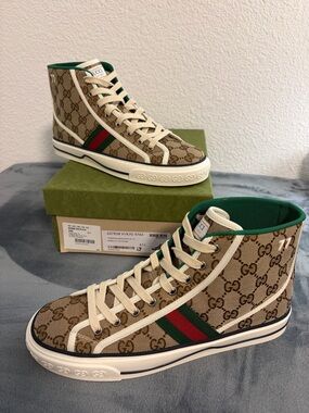 Brand New Women’s Gucci Tennis 1977 High Top Beige Ebony Sneakers Sz 41+ US 11.5